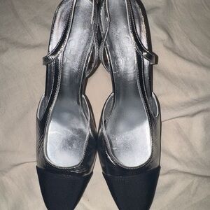 CHANEL Silver Slingback Pumps with Black Toe